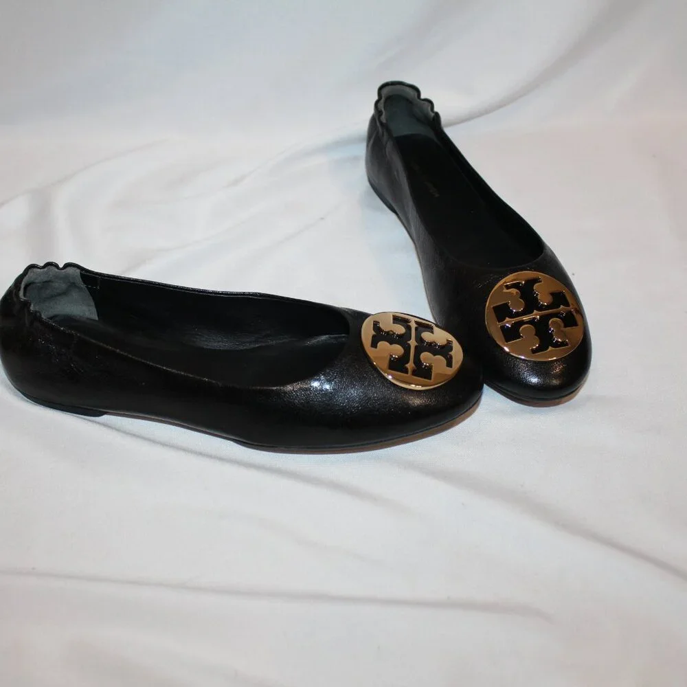 New TORY BURCH‎ CLAIRE LEATHER BLACK GOLD ACCENT BALLET FLAT